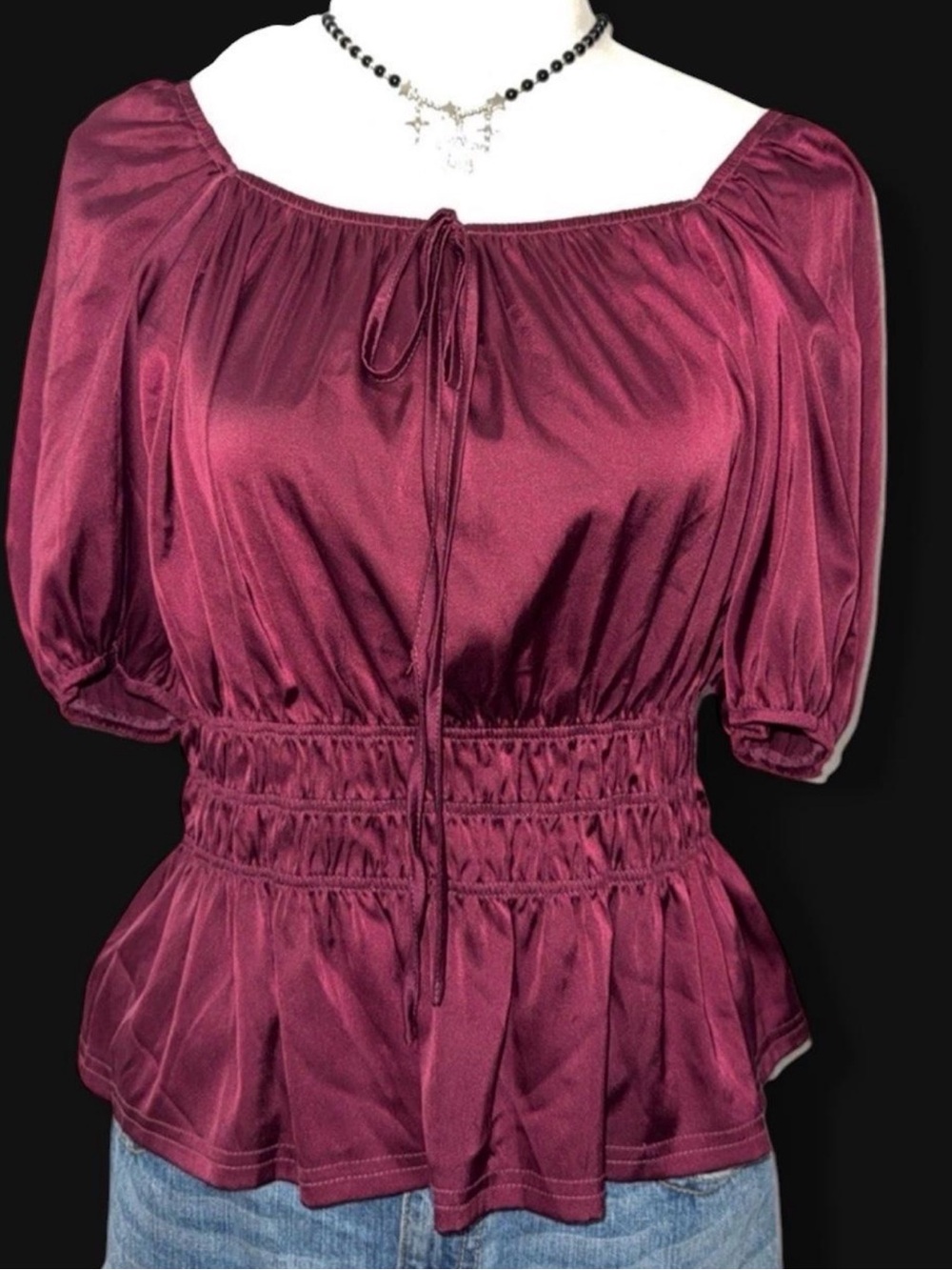 Smocked Waist Satin Peasant Blouse - Wine